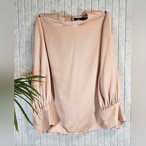 Ellos Blush Pink Satin Blouse Women’s Size 16 Puff Sleeve Tie Back